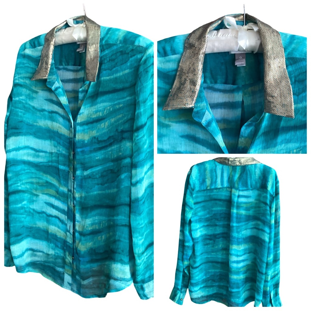 🚨Sale🚨! Chico’s Sheer Green Tie-Dye Blouse Top w/Sequin Collar Size M